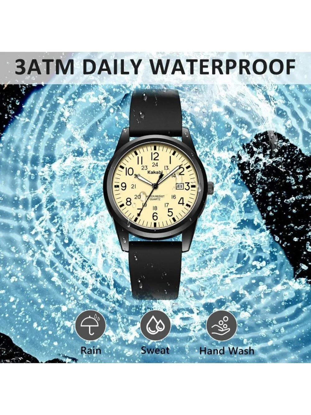 Men's Black Yellow Comfortable Silicone Strap Unisex Military Sport Casual Watch